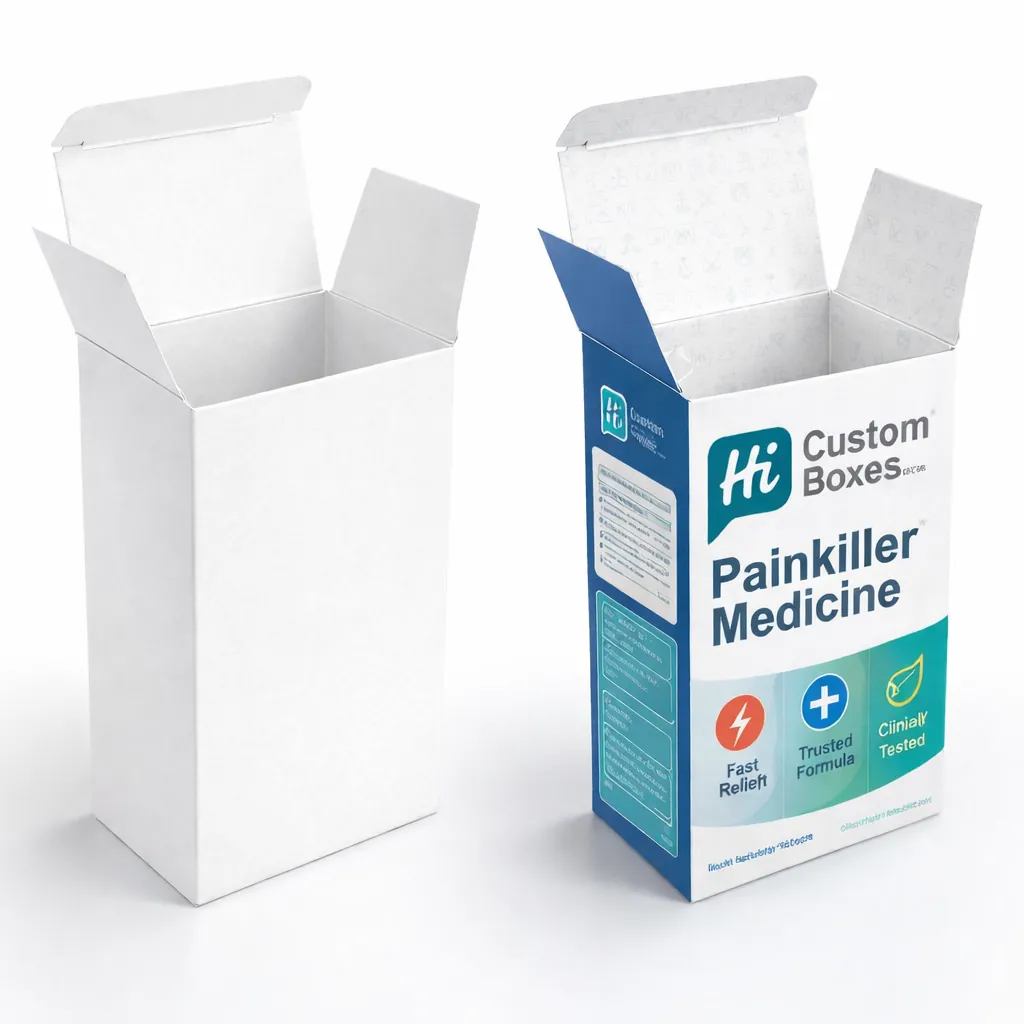 Two vertical medicinal boxes, one plain white and one with teal waves and HCB branding.